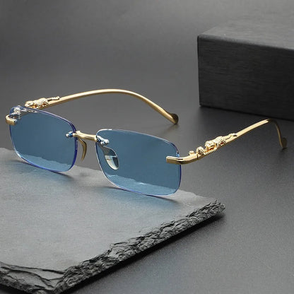 Fashion Vintage Rimless Square Sunglasses Women Men Luxury Brand Designer Popular Travel Driving Metal Leopard Head Sun Glasses