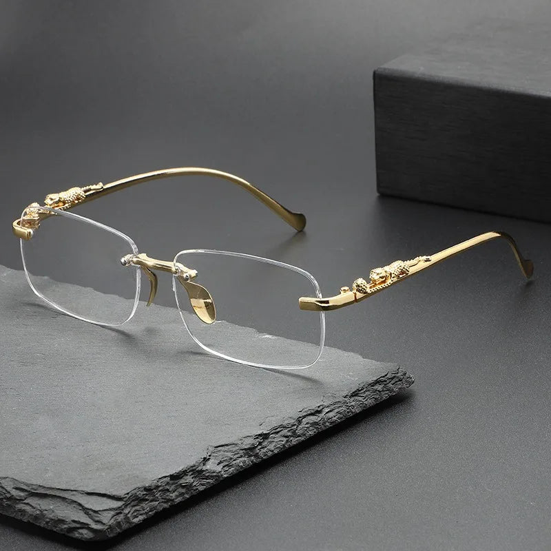 Fashion Vintage Rimless Square Sunglasses Women Men Luxury Brand Designer Popular Travel Driving Metal Leopard Head Sun Glasses