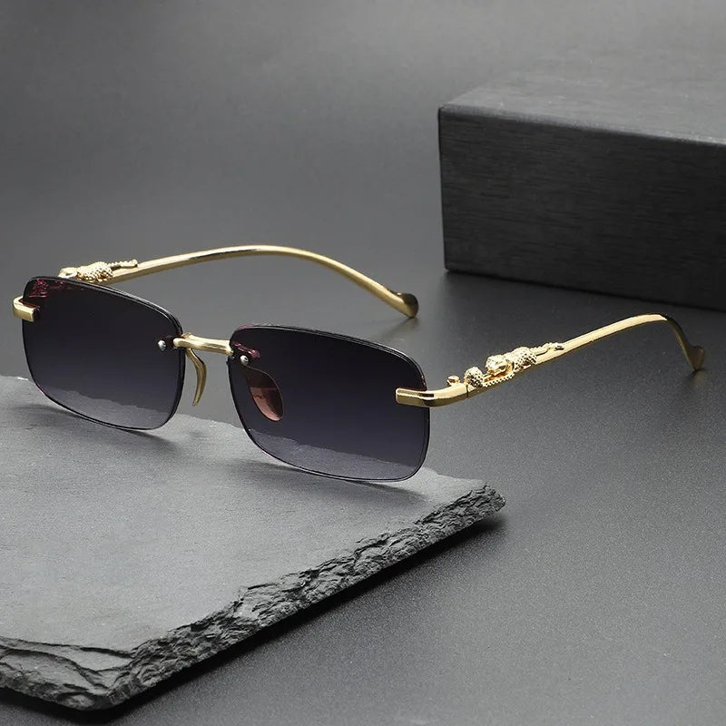 Fashion Vintage Rimless Square Sunglasses Women Men Luxury Brand Designer Popular Travel Driving Metal Leopard Head Sun Glasses