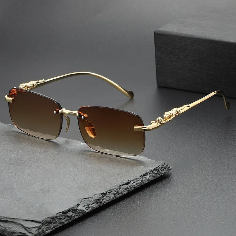 Fashion Vintage Rimless Square Sunglasses Women Men Luxury Brand Designer Popular Travel Driving Metal Leopard Head Sun Glasses