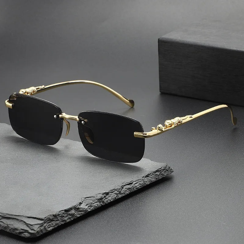 Fashion Vintage Rimless Square Sunglasses Women Men Luxury Brand Designer Popular Travel Driving Metal Leopard Head Sun Glasses
