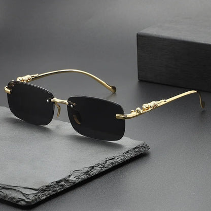 Fashion Vintage Rimless Square Sunglasses Women Men Luxury Brand Designer Popular Travel Driving Metal Leopard Head Sun Glasses