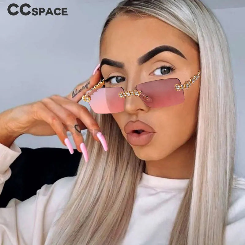54425 Fashion  Brand Designer Design Eye Protection Rectangular Frameless Cut Diamond Metal Ladies Sunglasses Uv400