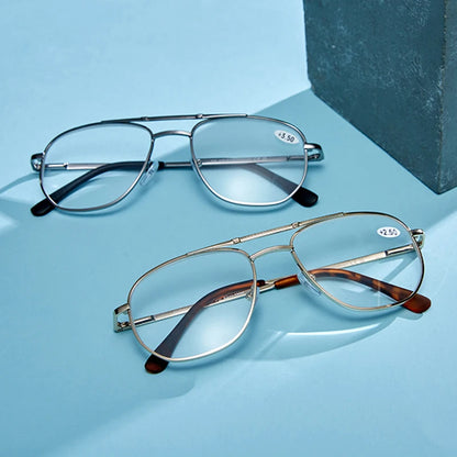 Men Stainless Steel Pilot Reading Glasses Magnifier Women Blue Light Blocking Double Bridge Metal Presbyopia Spectacles +1~+4.0
