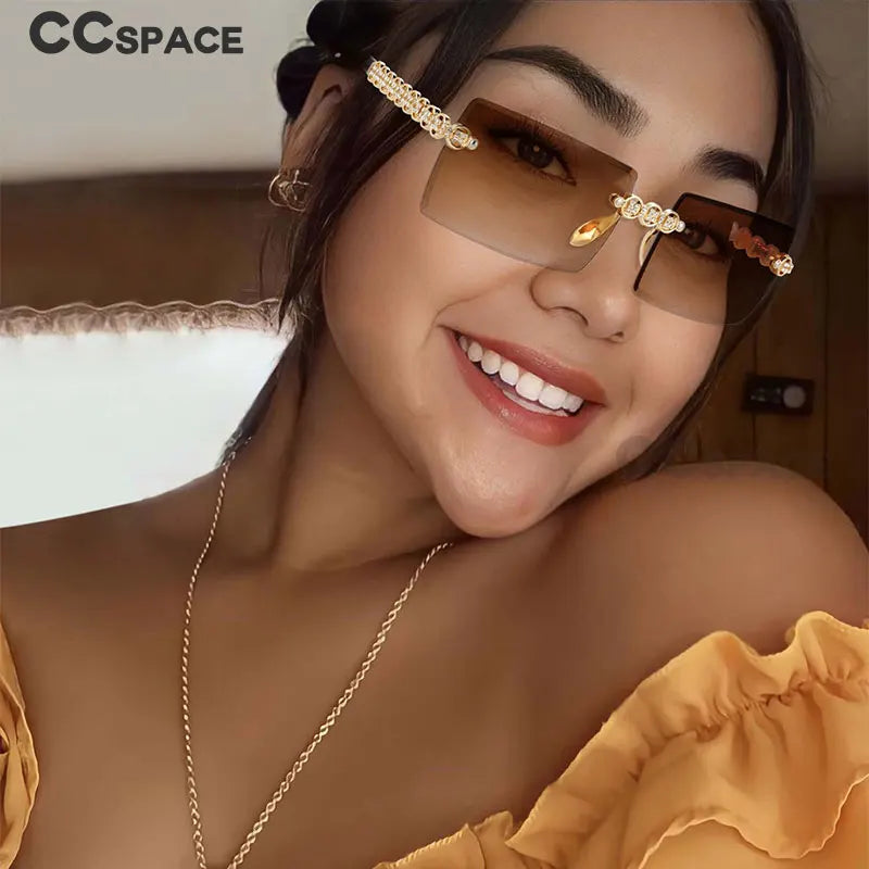 54425 Fashion  Brand Designer Design Eye Protection Rectangular Frameless Cut Diamond Metal Ladies Sunglasses Uv400