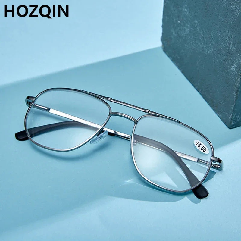 Men Stainless Steel Pilot Reading Glasses Magnifier Women Blue Light Blocking Double Bridge Metal Presbyopia Spectacles +1~+4.0